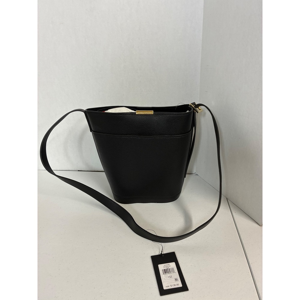 Halston Jagger Black Pebbled Vegan Leather Bucket Bag Crossbody with Pouch NEW